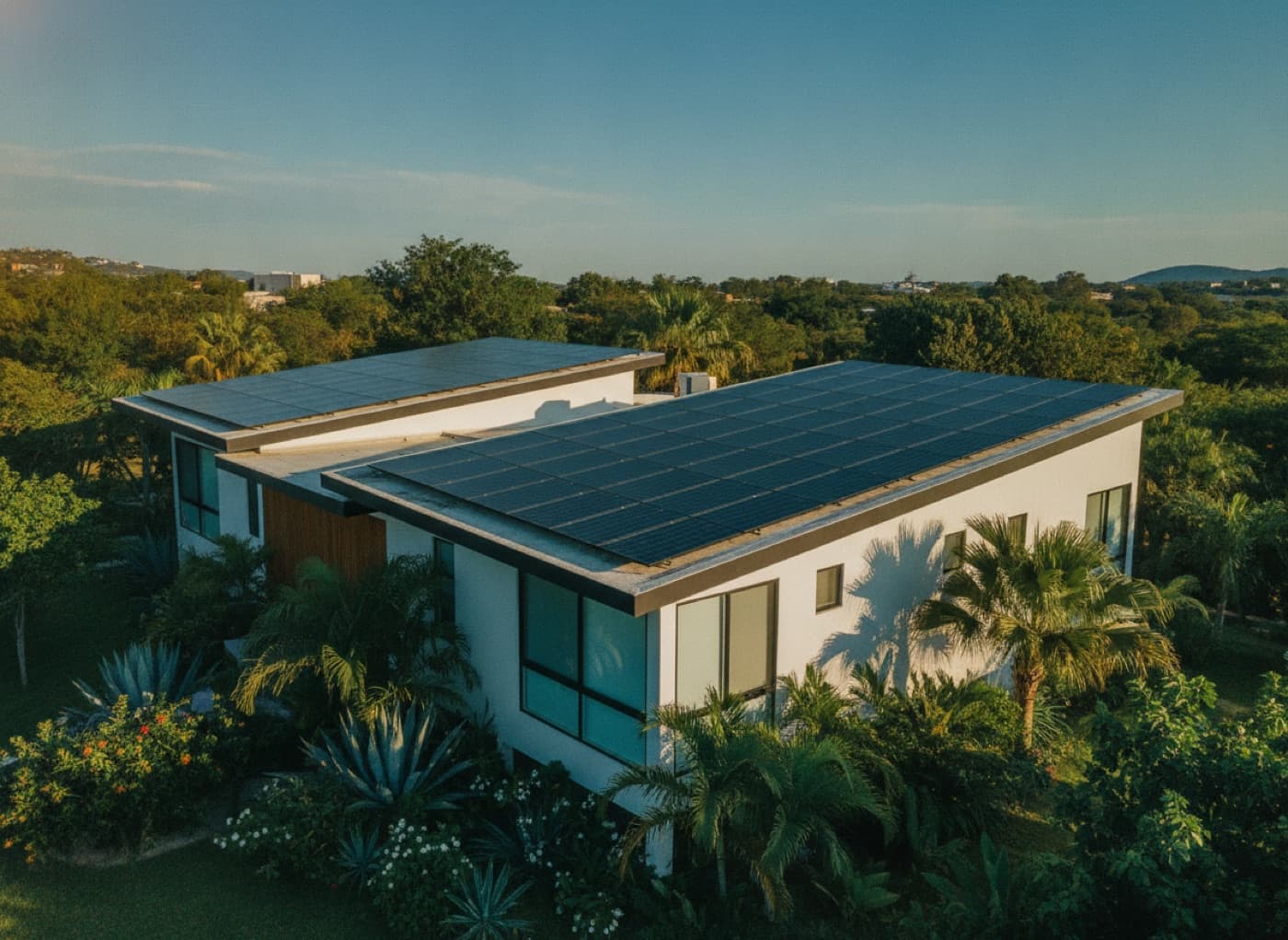 Casa mexicana moderna con paneles solares instalados en el techo